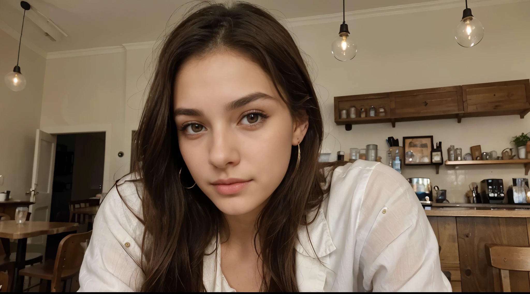 Photo of a 20 year old brunette woman, that  has a very natural face,  thin lips, thin eyes, thin eyebrows, thin nose, earrings, long eyelashes. She makes a cute selfie in a cafe