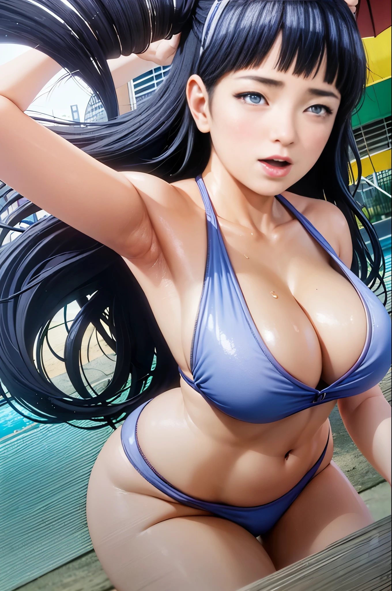 Top quality, masterpiece, from_below, look_at_viewer, look_down, masterpiece, highly detailed 8k CG unit, movie lighting, Miao Qingqing, 1 girl, swimsuit, solo, slot machine, chest, sun, sky, cleavage, clouds, single blade, dark blue hair, casual one-piece swimsuit, white one-piece swimsuit, big, hair over the shoulder, cowboy shot, from below, from the front, looking at the viewer, Chamale, jumping, dynamic poses, turning to the viewer, huge breasts, huge buttocks, curvaceous, thick thighs, hair camel toe, blush, sweat drops, standing, hands covering the chest, beach, sea, sunlight,