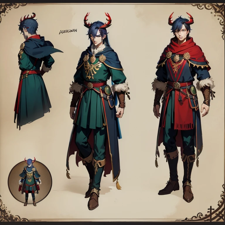 ((character concept art)), Video game character design, Detailed man with red skin,navy blue hair, Two thin horns,Dressed as a druid,illustartion,Realistic,Harmonious colours,natural lighting,Forest setting, Green clothes