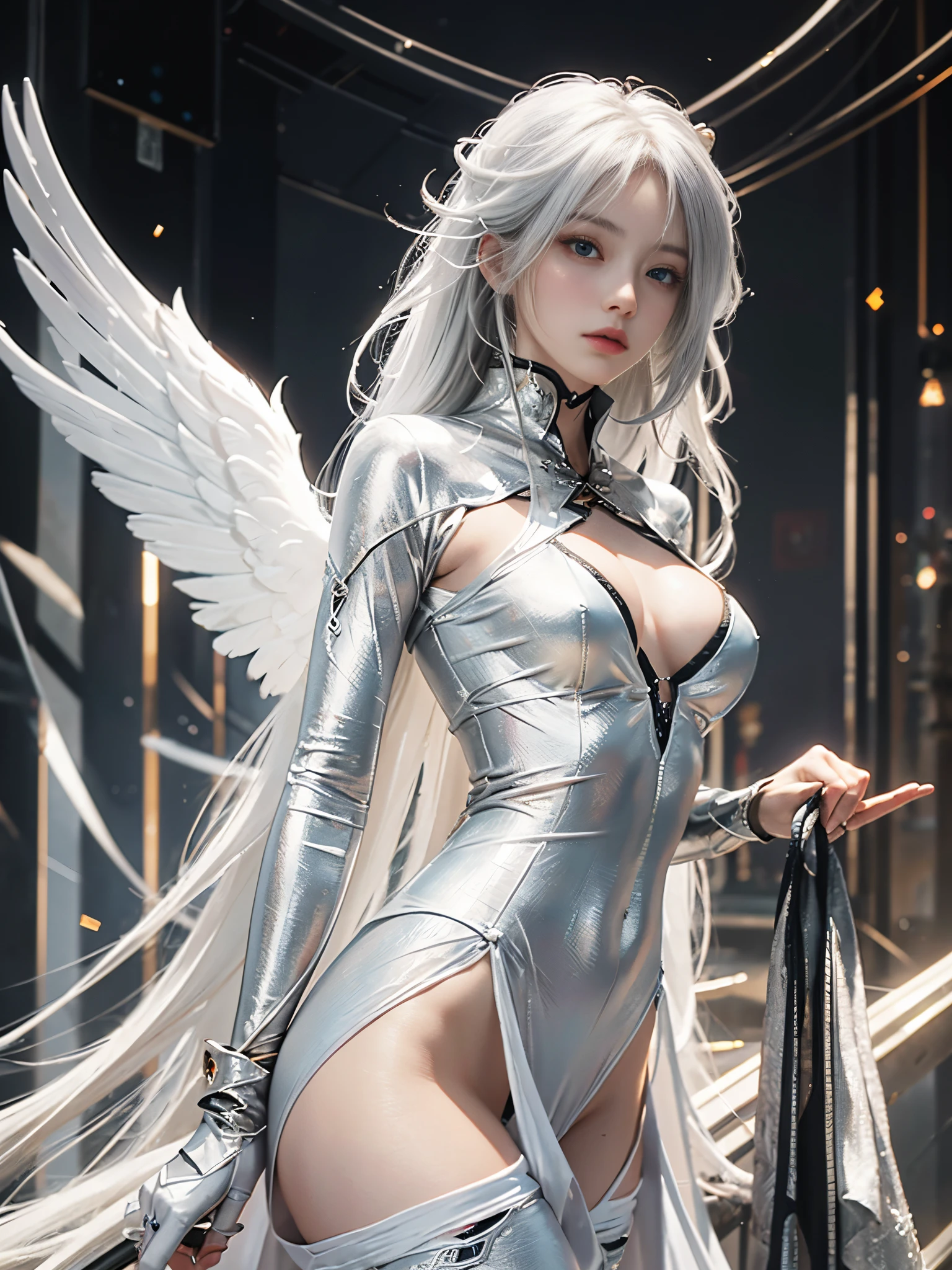 Close-up of woman with white hair and white mask、beautiful character painting、guweiz、Artwork in the style of Gwise、white haired god、Jan J、epic exquisite character art、Stunning character art、Fanchy、Uzunsifan、Guweiz on the Pixiv art station,Faces of reality,Real people,Photo quality,Real person footage captured on camera,Shooting from the waist up,Live-action feeling,Quite light clothing，see-through underware,Beautiful clear eyes,Beautiful sparkling eyes,being thin,strong-willed gaze,A living angel who descends to earth and blends into ordinary life while hiding his true identity in the human world.,angels don&#39;t wear underwear,angel has small breasts，Angels usually look exactly like normal humans and are hard to tell apart.,Leaner figure,very small breasts, waist and buttocks,15-year-old body type,Only a thin see-through cotton fabric is worn on the body.,Usually the wings are folded so small that they cannot be seen.,