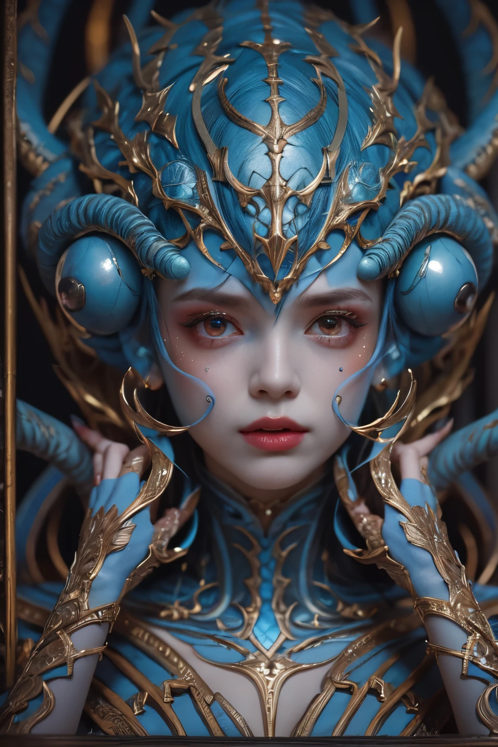 (Female Alien:1.2), Beautiful face, seduces, red eyes, Full body like, A sexy, alien, No humans, an alien, cells are fused, Multiple hands, (Lots of blue tentacles), (blue skin:1.3), extraterrestrial, cell, bio image, 魅惑的, Best Quality, 8K,4K_quality, high_Definition,Dramatic Lighting, masutepiece:1.5,cinematic quality, detail up, (Intricate details:1.2), high resolution, High Definition, drawing faithfully, (Thick eyebrows:1.2), (Big scarlet eyes:1.6), Beautiful eyes with fine symmetry, (Ultra detailed eyes:1.2),(Highly detailed face and eyes:1.2), (High-resolution red-eye:1.4), Intimate face, (Super detailed skin quality feeling:1.4), Perfect Anatomy,  (Beautiful toned body:1.5),  (Moist skin:1.2), No makeup, (dark circles:1.1), long canines