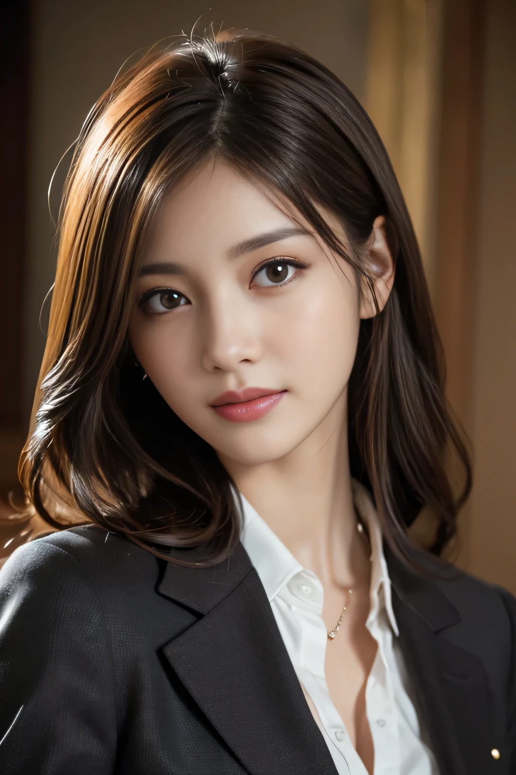 On a table，Best quality, realistically, ultra - detailed, Detailed pubic hair, A high resolution, solid color backdrop，8k wallpaper, 1 Beautiful woman,,light brown messy hair, Wear a dark suit, lock focus, Perfect dynamic composition, beautidful eyes, Delicate hair, 细致realistically的皮肤纹理, Smiling, closeup portrait, Model body type