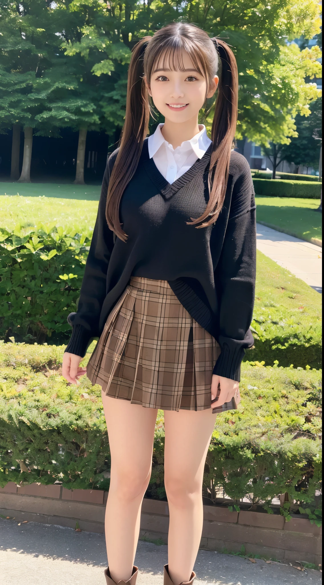 (High quality, High resolution, Ultra-detailed, Realistic:1.37), 、peaceful ambiance, (plein air, a park)、 ((large twin tails、scrunchie))、18 year old high school girl standing alone、small tits, Beautiful detailed features, Cute smile, (A dark-haired), (Sweaters), (Plaid mini skirt), (Black tights), (Brown boots)
