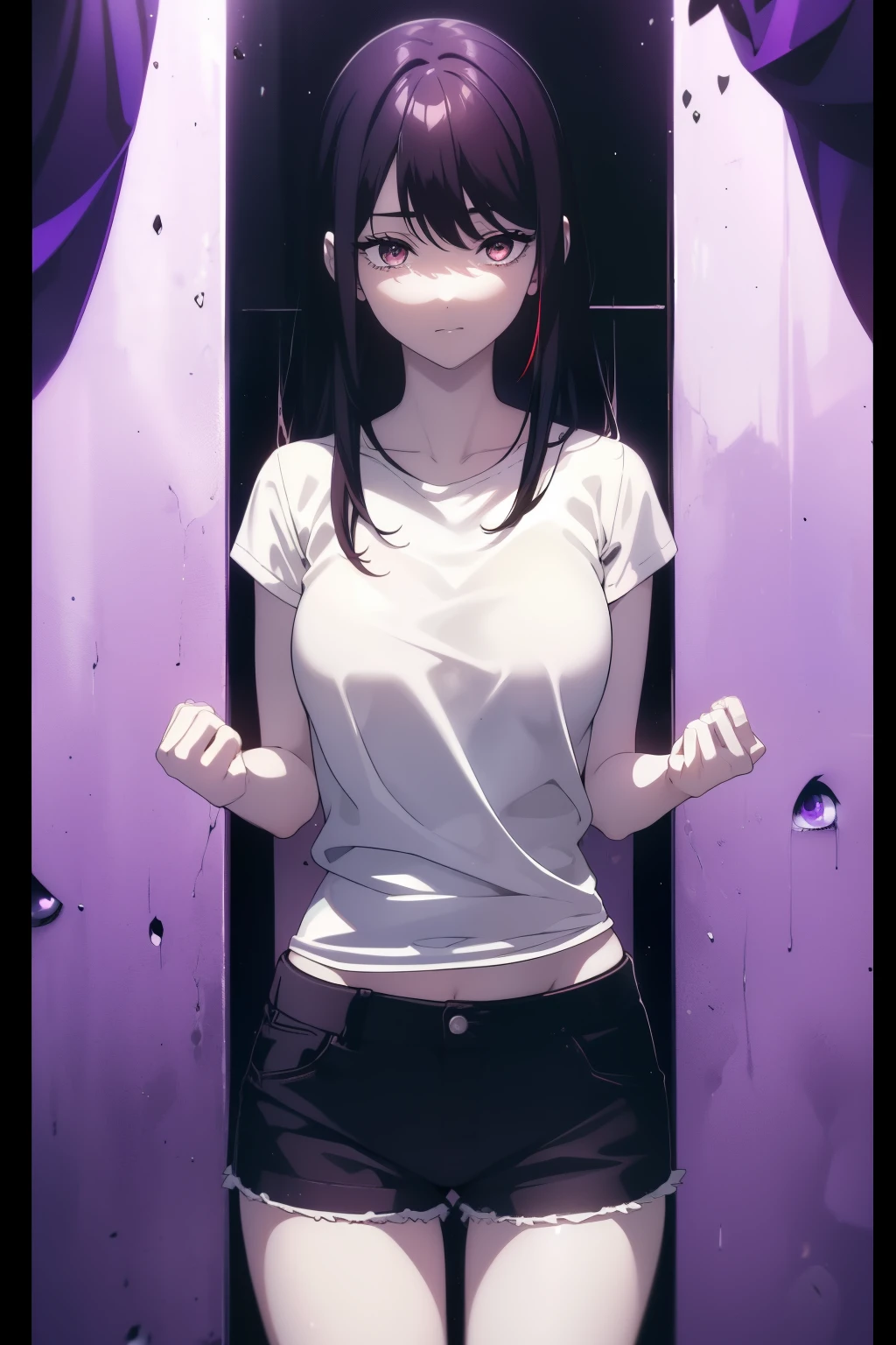 ((((Obra maestra, La mejor calidad, ultrahigh resolution)))), 1girl, happy expression on face:1.5, ((standing in a club waiting for someone)), (white t-shirt, jean shorts), (long black hair, long dark black hair), pale skin, ((brown eyes)), (glowing_eyes), ((ultra detailed eyes:0.7, beautiful and detailed face, detailed eyes:0.9)), ((centered)), ((over joyed expression)), ((wide shot)), facing viewer, (((indoor part, purple and black lights)), medium breasts, looking at viewer, ((perfect hands)), (((head:1, arms, hips in view, elbows, thighs, in view))), lively eyes, ((beautiful lighting)), outside, outdoors, background, defined subject, 25 years old, (head tilt), ((cool gaze)), (((lively))), ((shy)), (hands behind back), (half closed eyes, sedductive eyes), ideal physique