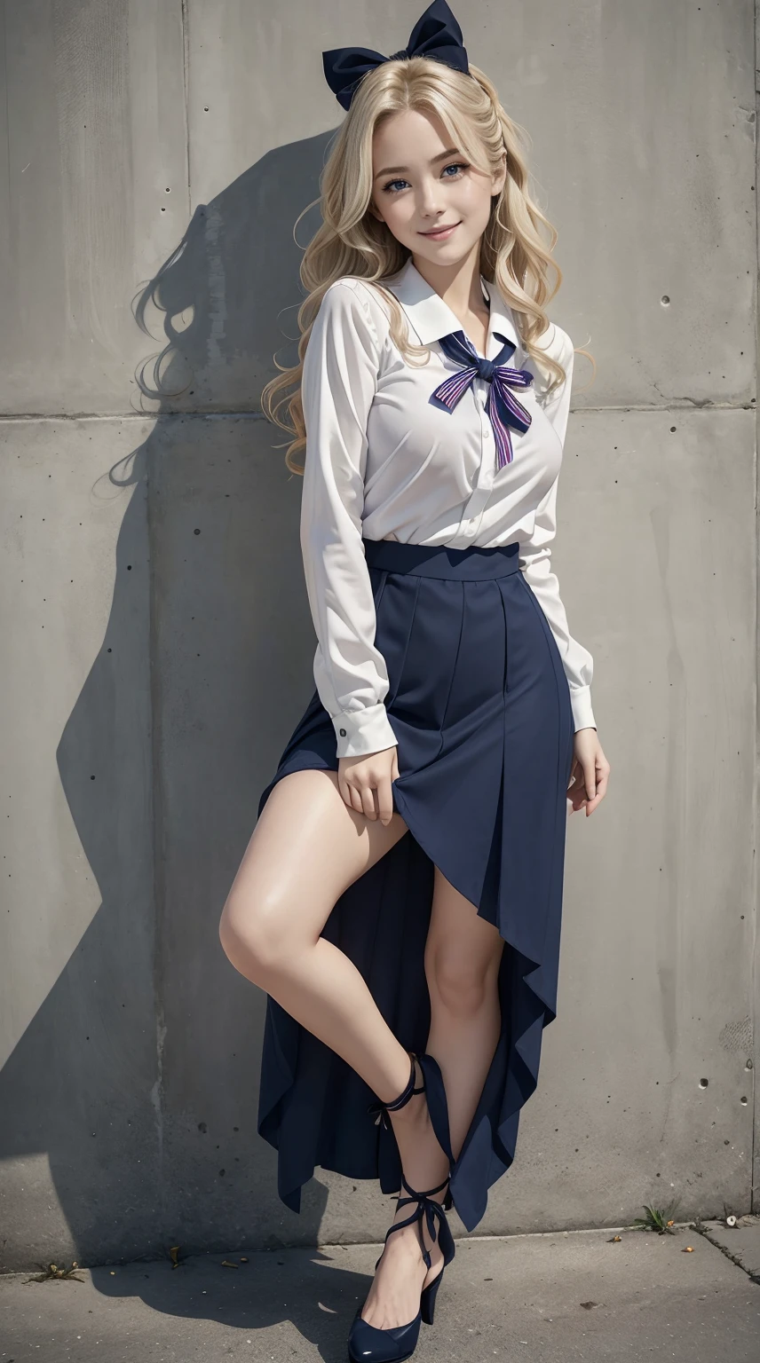 26 year old white woman、Hair color is blonde、Hair is wavy、Decorate your hair with a ribbon、Eye color is blue、Longhaire、A slender、a smile、Wearing a sailor suit、He wears an azuki-colored ribbon tie.、She&#39;s wearing a dark blue pleated skirt.、I&#39;m wearing low heels、standing against an old concrete wall、a smile、Head-on perspective、Breast size、A slenderだが均整の取れた細マッチョな身体