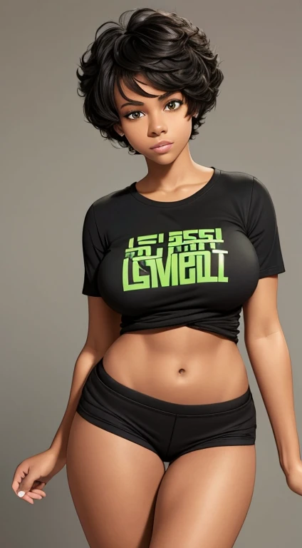 16-year-old black girl, with Maria João haircut, green eyes, large breasts, large butt, toned legs, perfect body, long t-shirt and tight shorts, pose with black background