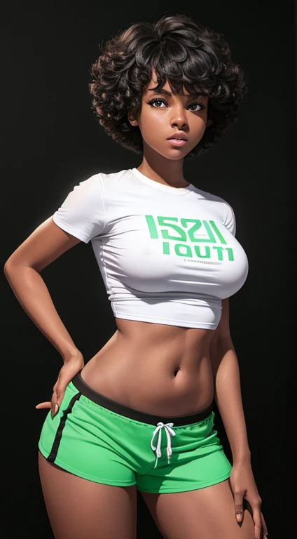 16-year-old black girl, with Maria João haircut, green eyes, large breasts, large butt, toned legs, perfect body, long t-shirt and tight shorts, pose with black background