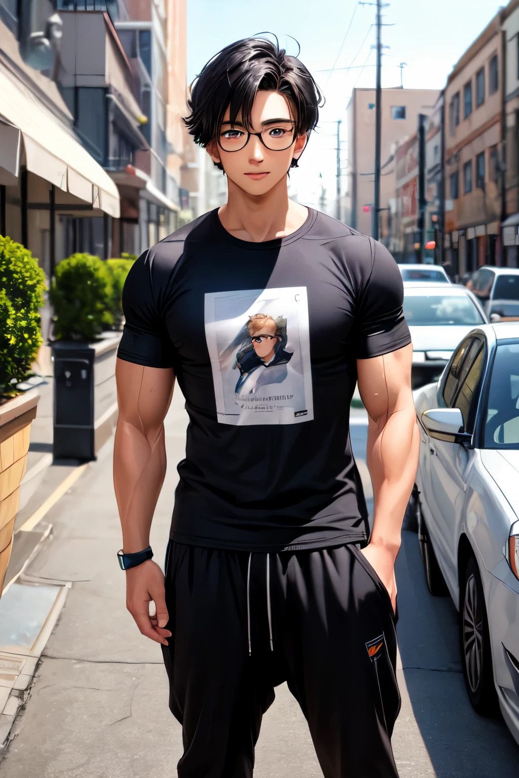 I look to be around 17 years old. I am a 6'2 Caucasian Anime boy with an incredibly muscular but lean body. I have medium length shaggy black hair. My eyes a beautiful Opal color. I have an incredibly handsome, warm, and kind face. I'm wearing a black t-shirt that accentuates my incredible physique, as well as baggy black sweatpants and white Vans with a pair of glasses.