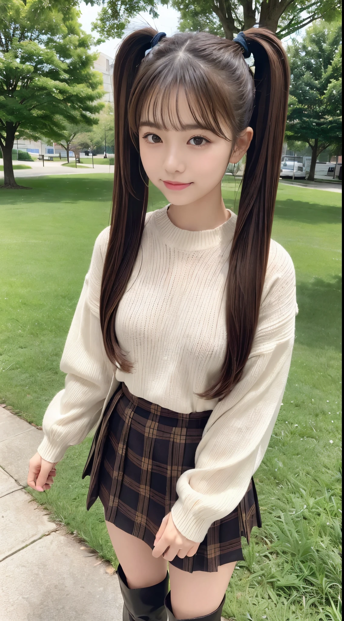 (High quality, High resolution, Ultra-detailed, Realistic:1.37), 、peaceful ambiance, (plein air, a park)、 ((large twin tails、scrunchie))、18 year old high school girl standing alone、small tits, Beautiful detailed features, Cute smile, (A dark-haired), (Sweaters), (Plaid mini skirt), (Black tights), (Brown boots)