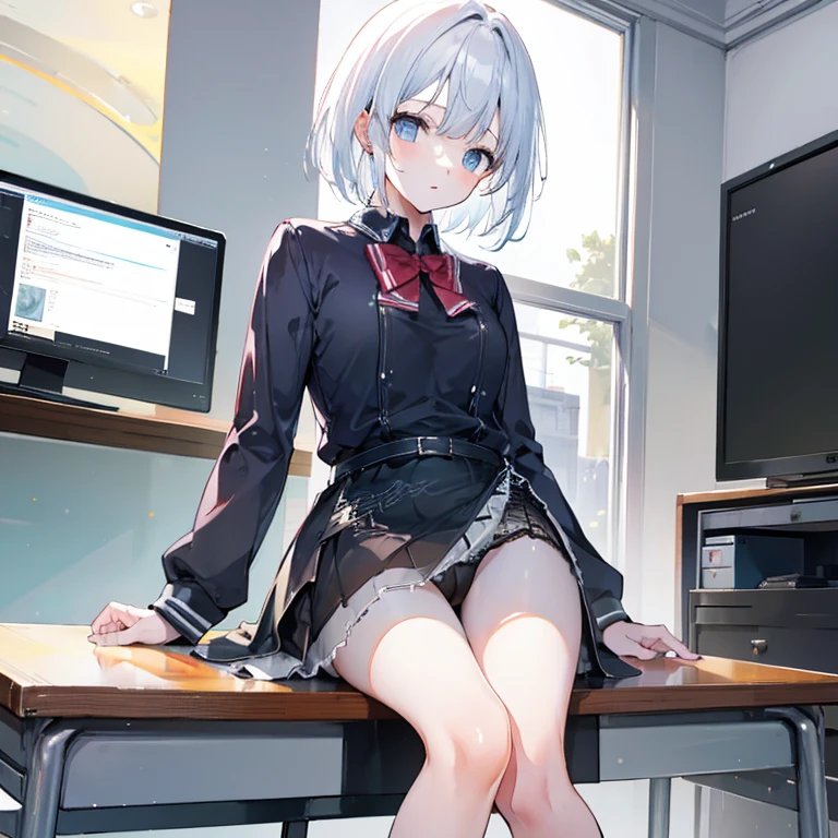 School Uniform,Skirt,Thigh,Panty Shot,Open Legs,School,sitting on the desk,take your feet off the desk,looking-down