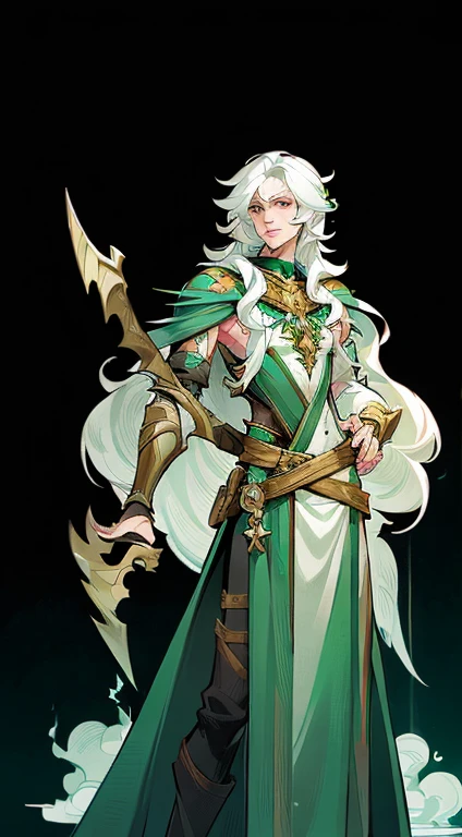 ((character concept art)), Video game character design, Detailed male with pale skin,midle hair, druid, half-elf ,Dressed as a druid,illustartion,Realistic,Harmonious colours,natural lighting, green clothes, white hair, curly hair1.3.A detailed eye, Transparent,fantasy style,extremely beautiful,High balance, natural light