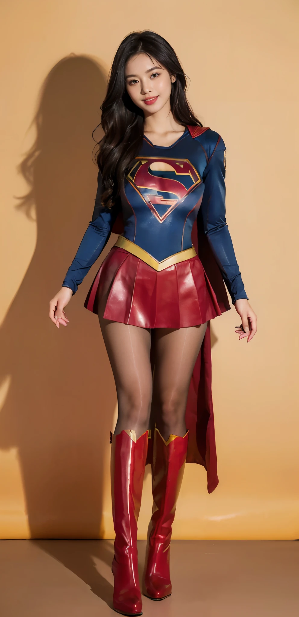 No background、Eyes closed、yawning being。Suffering、Hung、Are sleeping、lying back on、(((Wear black tights on your beautiful legs.)))、(((Grow legs、tall、Legally express the beauty of your smile)))、((((Make the most of the original image)))、(((Supergirl Costume)))、(((beautiful hairl)))、(((Suffering)))、(((Feet must necessarily be worn with black tights)))、(((You need to wear red boots)))、((Top image quality、8K))、((top-quality、8K、masterpiece:1.3))、(((Keep Background )))、Crisp focus:1.2、Beautiful woman with perfect body shape:1.4、Slender Abs:1.2、a wet body:1.5、Highly detailed facial and skin texture、8K