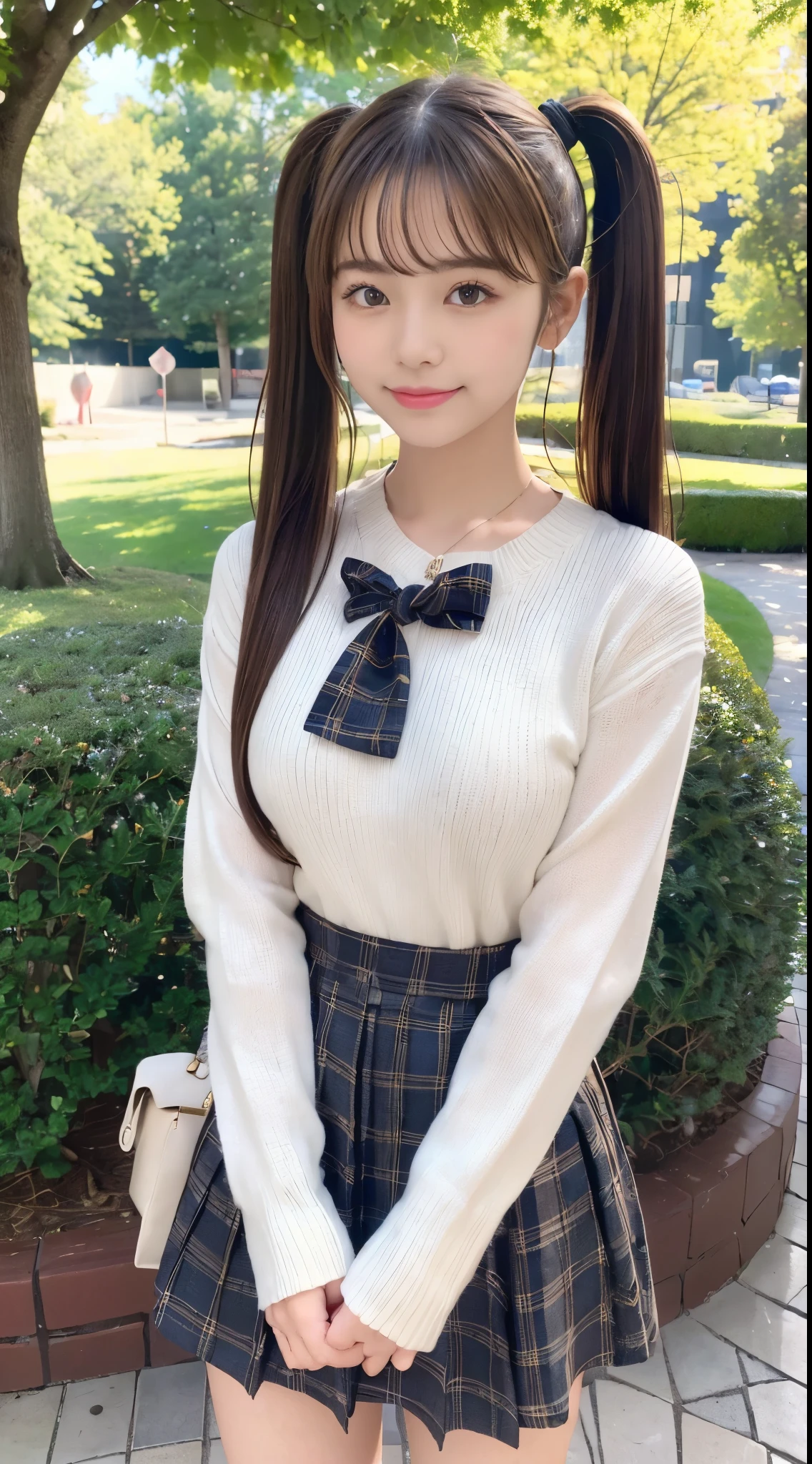 (High quality, High resolution, Ultra-detailed, Realistic:1.37), 、peaceful ambiance, (plein air, a park)、 ((large twin tails、scrunchie))、18 year old high school girl standing alone、small tits, Beautiful detailed features, Cute smile, (A dark-haired), (Sweaters), (Plaid mini skirt), (Black tights), (Brown boots)