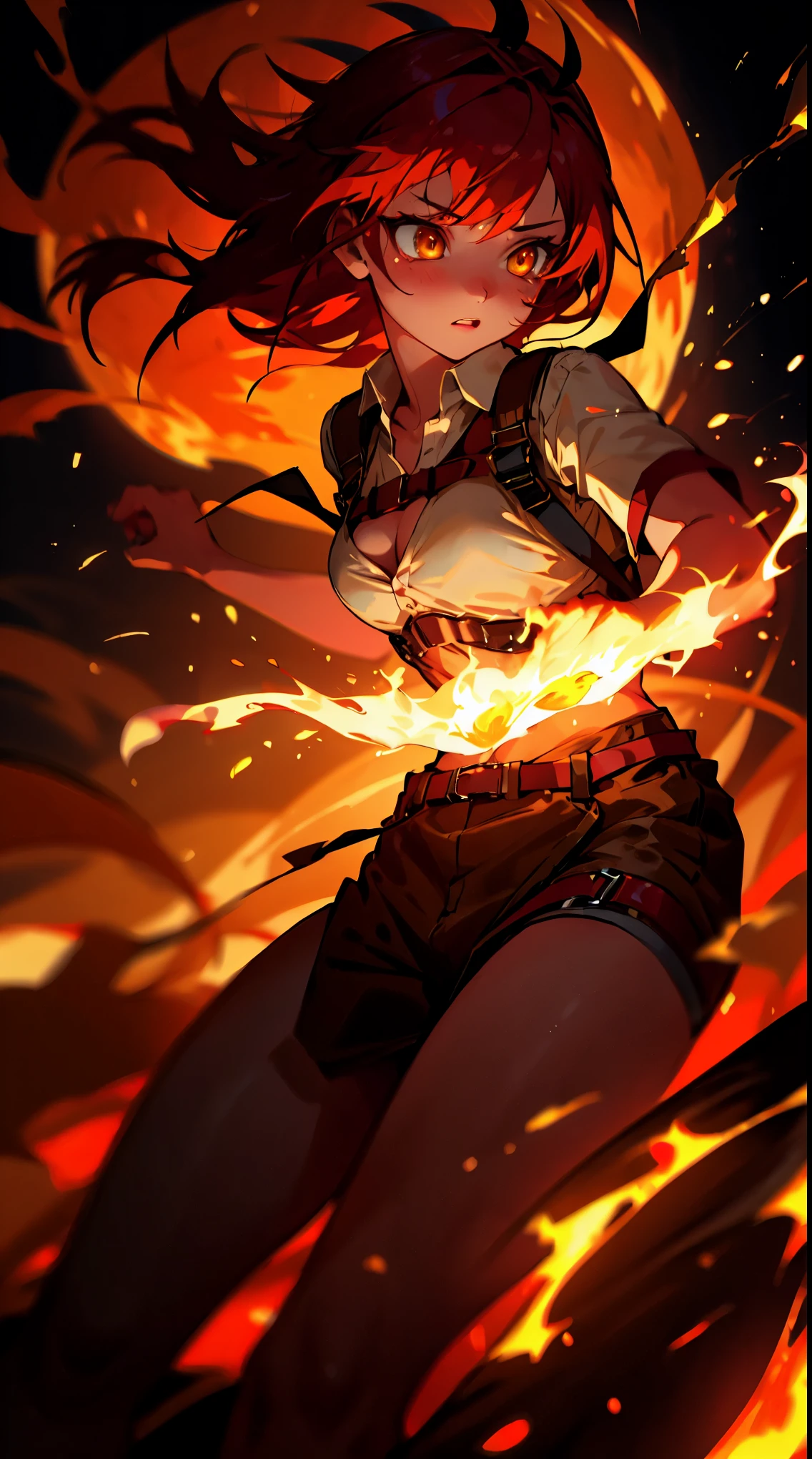 ((masterpiece)), best quality, 8k, high quality, high resolution, super detailed, ultra detailed, photorealistic, fiery and finely detailed face and eyes, ultra detailed and detailed skin texture, fiery eyes, perfect face, 1 girl, blazing red short hair, (fiery attire), flaming yellow eyes, athletic, muscular, Medium breasts, white shirt, collared shirt, (chest harness, shoulder strap:1.15) , (infernal aura), standing before a roaring bonfire, passionate expression, twilight, fiery landscape, crackling flames, intense atmosphere, (crackling embers), (dancing flames), since primordial times, Ignia, fiery eyes, background of blazing inferno.