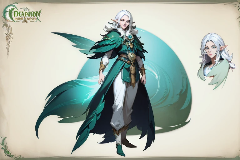 ((character concept art)), Video game character design, Detailed male with pale skin,midle hair, druid, half-elf ,Dressed as a druid,illustartion,Realistic,Harmonious colours,natural lighting, green clothes, white hair, curly hair1.3.A detailed eye, Transparent,fantasy style,extremely beautiful,High balance, natural light