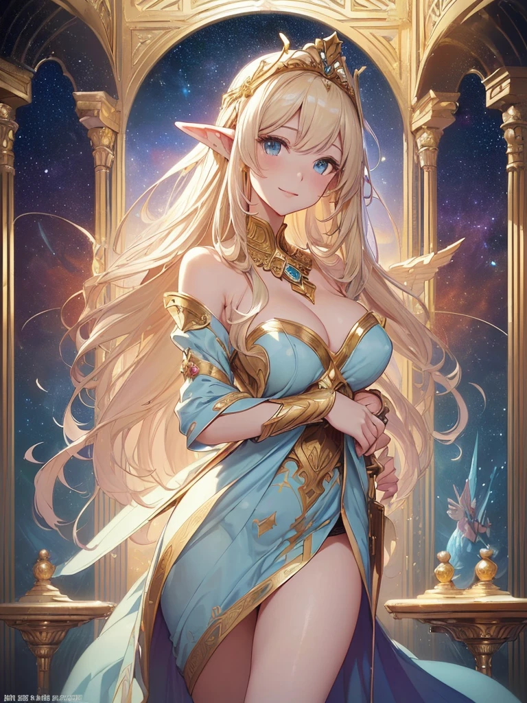 top-quality、Top image quality、​masterpiece、Super beautiful elf beauty((24 year old、Best Bust、big bast、Bust 90,beautiful long ironed hair、a blond、globe、A sexy、A slender、a closeup、Esbian、beautiful tiara、hiquality、Beautiful Art、Background with((starrysky)))masutepiece、visualart、depth of fields、low angle of morning sky、、Elven ears、、light magic、Space Knight、harp melody🎵、Happy smile、Gentle light、、Beautiful legs that are gentle on the skin、、、Number of fingers to achieve precise finger movements、ticker beautiful decorative underwear、elegent、Mystical　Rosa、　Heaven、Marble pillars, beautiful dressy、magnificent marble dome、巨大なglobe、religious painting、Hug the earth、Temple of Time、Great watch、hour glass、sundial、moment of creation！myth、alphonse mucha art、art noveau、byzantine art、Japanese folding screen painting、gold foil、Flowers and Birds Fugetsu、Raphael paintings