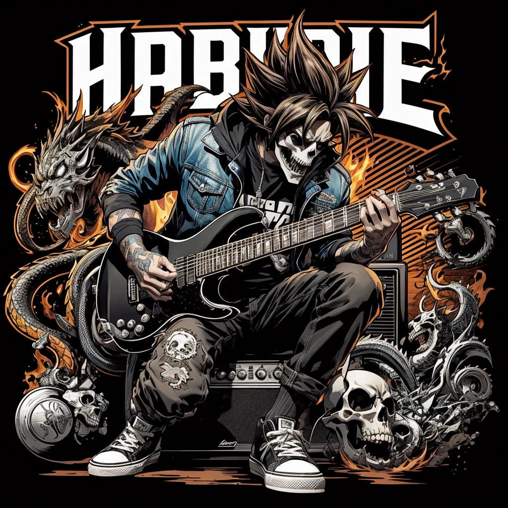 logo name (HABIBIE) font death metal,goku wearing jacket and shoes,playing guitar with amply,dragon,skull,fire,skateboard,3D,background black