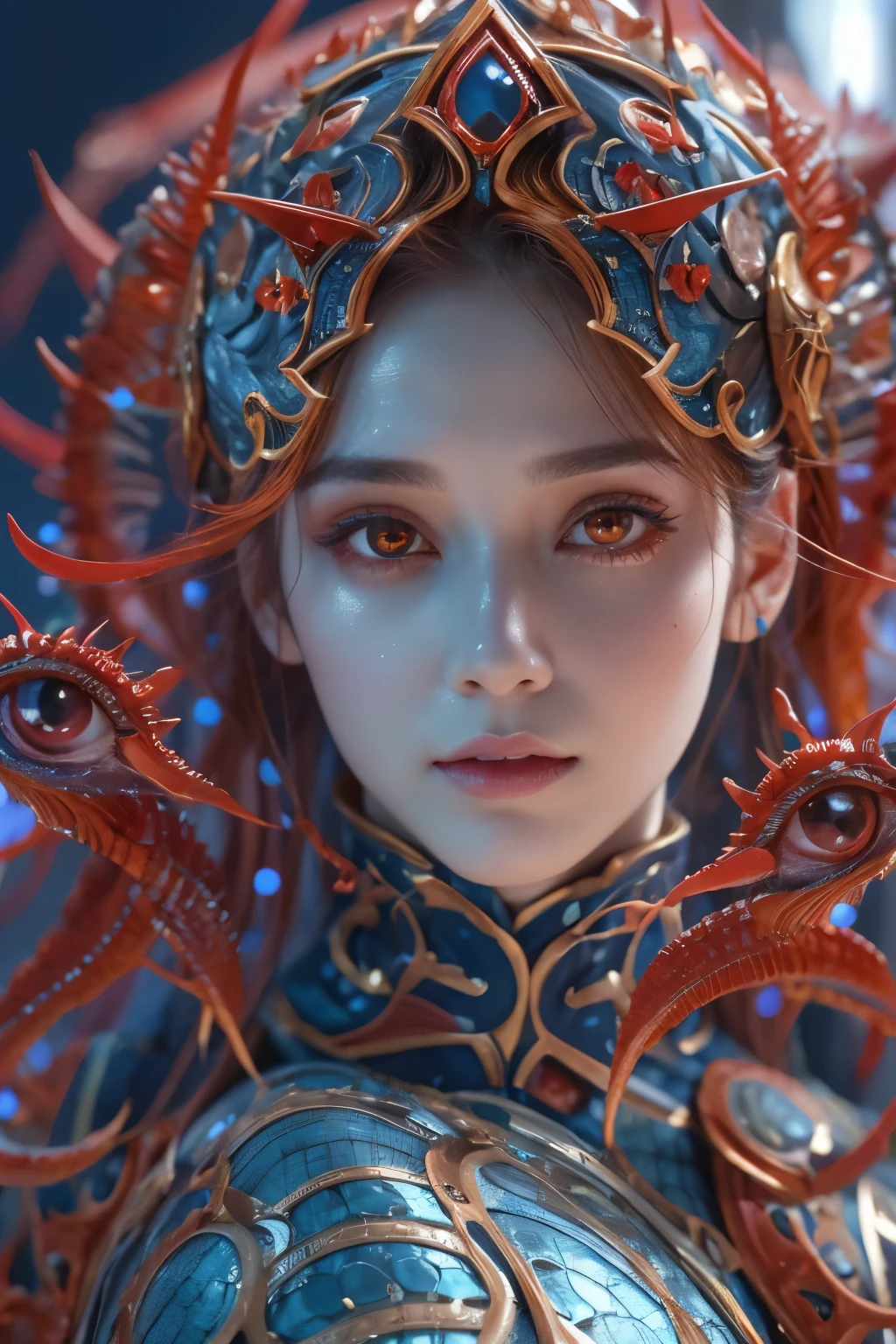 (Female Alien:1.2), Beautiful face, seduces, red eyes, Full body like, A sexy, alien, No humans, an alien, cells are fused, Multiple hands, (Lots of blue tentacles), (blue skin:1.3), extraterrestrial, cell, bio image, 魅惑的, Best Quality, 8K,4K_quality, high_Definition,Dramatic Lighting, masutepiece:1.5,cinematic quality, detail up, (Intricate details:1.2), high resolution, High Definition, drawing faithfully, (Thick eyebrows:1.2), (Big scarlet eyes:1.6), Beautiful eyes with fine symmetry, (Ultra detailed eyes:1.2),(Highly detailed face and eyes:1.2), (High-resolution red-eye:1.4), Intimate face, (Super detailed skin quality feeling:1.4), Perfect ???????, (Beautiful toned body:1.5), (Moist skin:1.2), No makeup, (dark circles:1.1), long canines