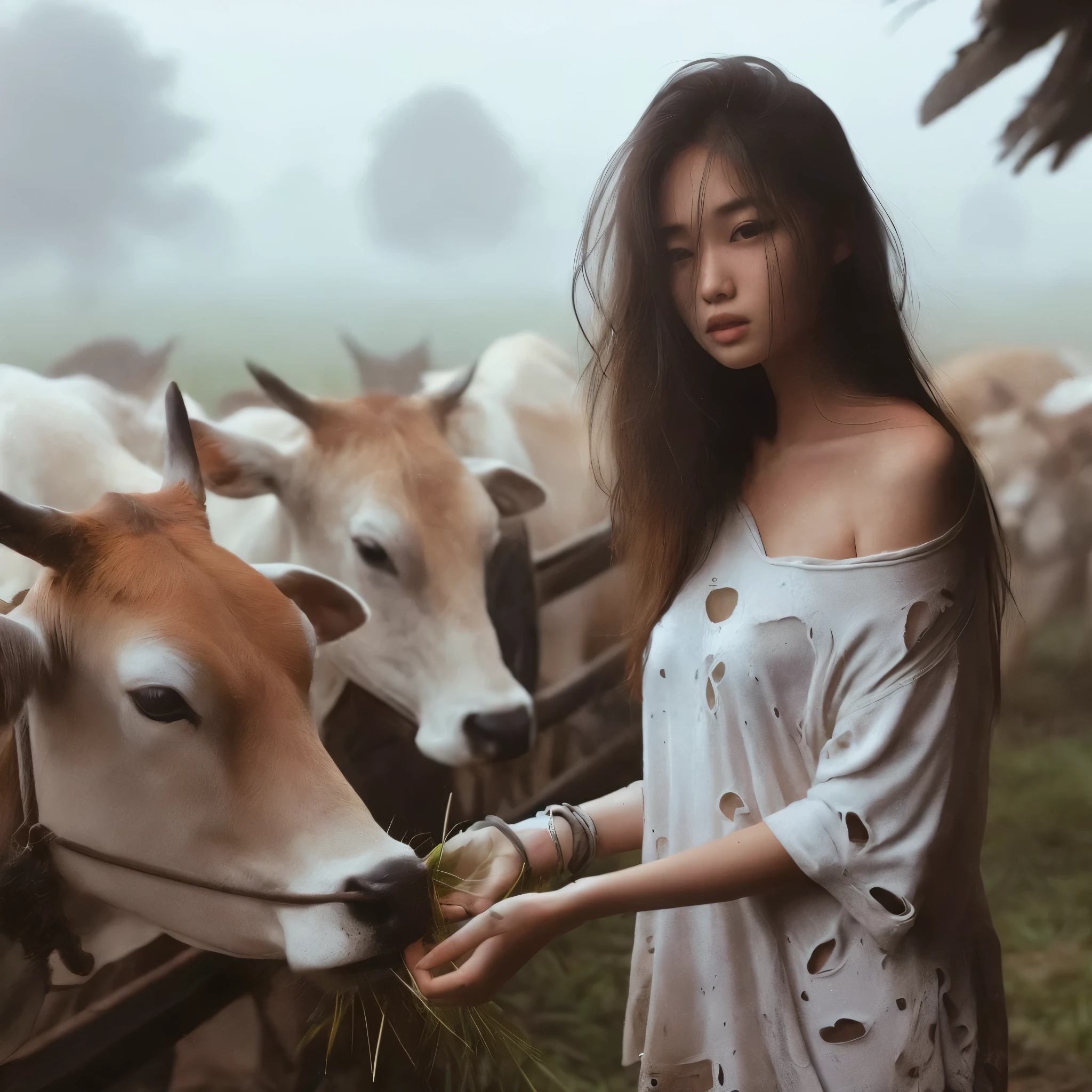 there is a woman feeding a cow in a field of grass, asian girl, by Ren Xiong, asian woman, by Xie Huan, by Shang Xi, by Raymond Han, japanesse farmer, by Yan Liben, young asian girl, by Zou Zhe, cute woman, gorgeous lady, by Basuki Abdullah, beautiful asian girl, vietnamese woman