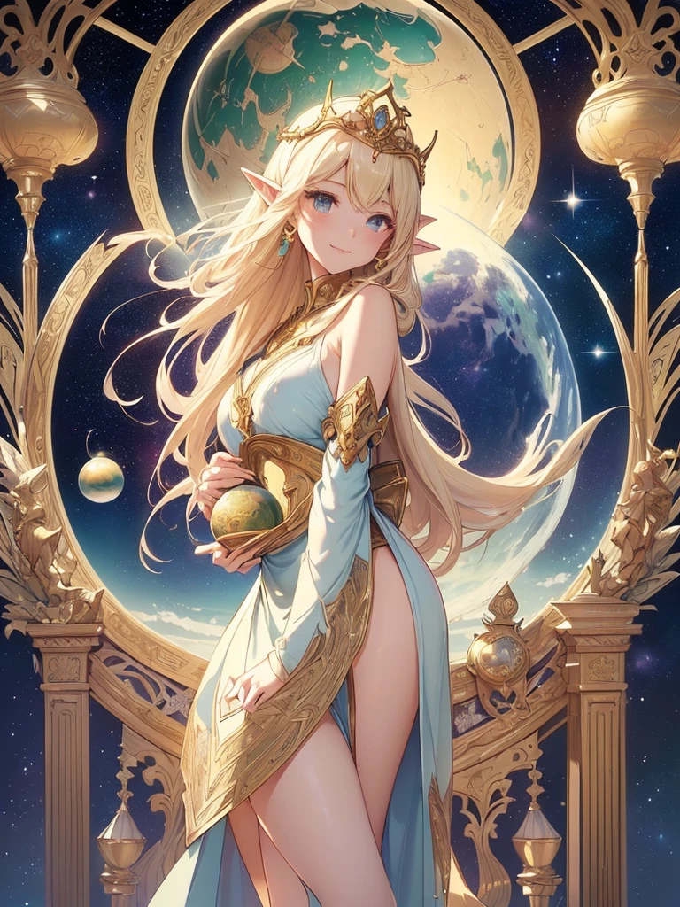 top-quality、Top image quality、masterpiece、Super beautiful elf beauty((24 year old、Best Bust、big bast、Bust 90,beautiful long ironed hair、a blond、globe、A sexy、A slender、a closeup、Esbian、beautiful tiara、hiquality、Beautiful Art、Background with((starrysky)))masutepiece、visualart、depth of fields、low angle of morning sky、、Elven ears、、light magic、Space Knight、harp melody🎵、Happy smile、Gentle light、、Beautiful legs that are gentle on the skin、、、Number of fingers to achieve precise finger movements、ticker beautiful decorative underwear、elegent、Mystical Rosa、 Heaven、Marble pillars, beautiful dressy、magnificent marble dome、巨大なglobe、religious painting、Hug the earth、Temple of Time、Great watch、hour glass、sundial、moment of creation!myth、alphonse mucha art、art noveau、byzantine art、Japanese folding screen painting、gold foil、Flowers and Birds Fugetsu、Raphael paintings