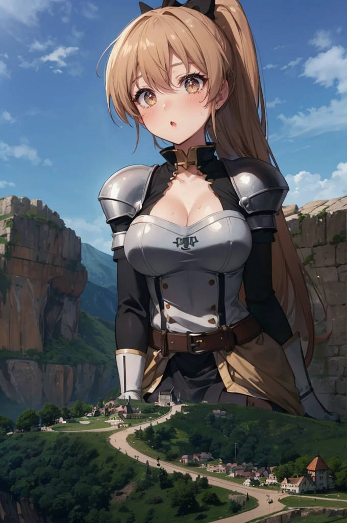 (erect nipples:1.2), (beautiful mature woman: 1.2), very detailed, beautiful, professionally drawn, bright sky, shiny detailed breasts, (perfect beautiful skin), (tiny villages of people on a cliff in front of a giantess breasts: 1.2), (a tiny village on a tiny hill in front of the breasts of a giantess: 1.2), a giantess looming over a tiny village on a tiny hill, (tiny adventurers: 1.1), (tiny villages on a tiny cliff in front of a girl: 1.1), (tiny villages on a cliff: 1.1), giantess girls in the background, simple background, (dark deep forest:1.1), giantess girls in the background, multiple girls, (giantess:1.1), petite breasts, (foreshortening:1.2), (giantess:1.2), smug laughing, sitting, hills, cliffs, mountains, (sweaty:1.2), slight smile, medieval dress armor, (huge stone walls: 1.1)