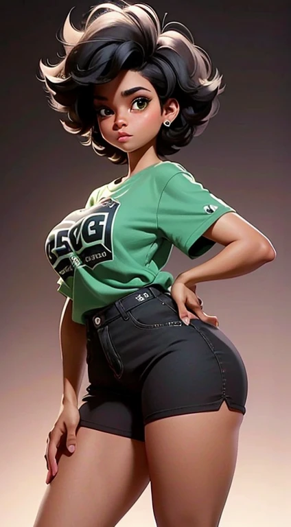 -yeld bl girl, with Maria João haircut, green eyes, large breasts, large butt, toned legs, perfect body, long t-shirt and tight shorts, pose with black background
