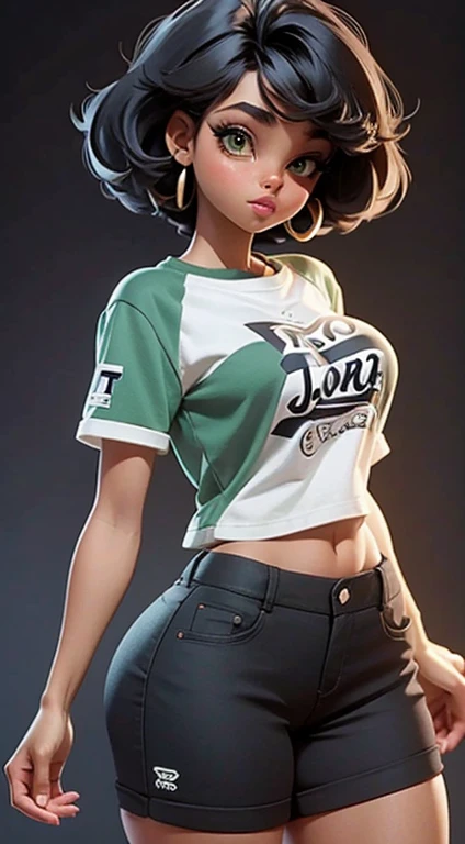 16-year-old black girl, with Maria João haircut, green eyes, large breasts, large butt, toned legs, perfect body, long t-shirt and tight shorts, pose with black background