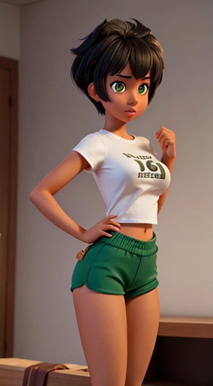 -yeld bl girl, with Maria João haircut, green eyes, large breasts, large butt, toned legs, perfect body, long t-shirt and tight shorts, pose with black background