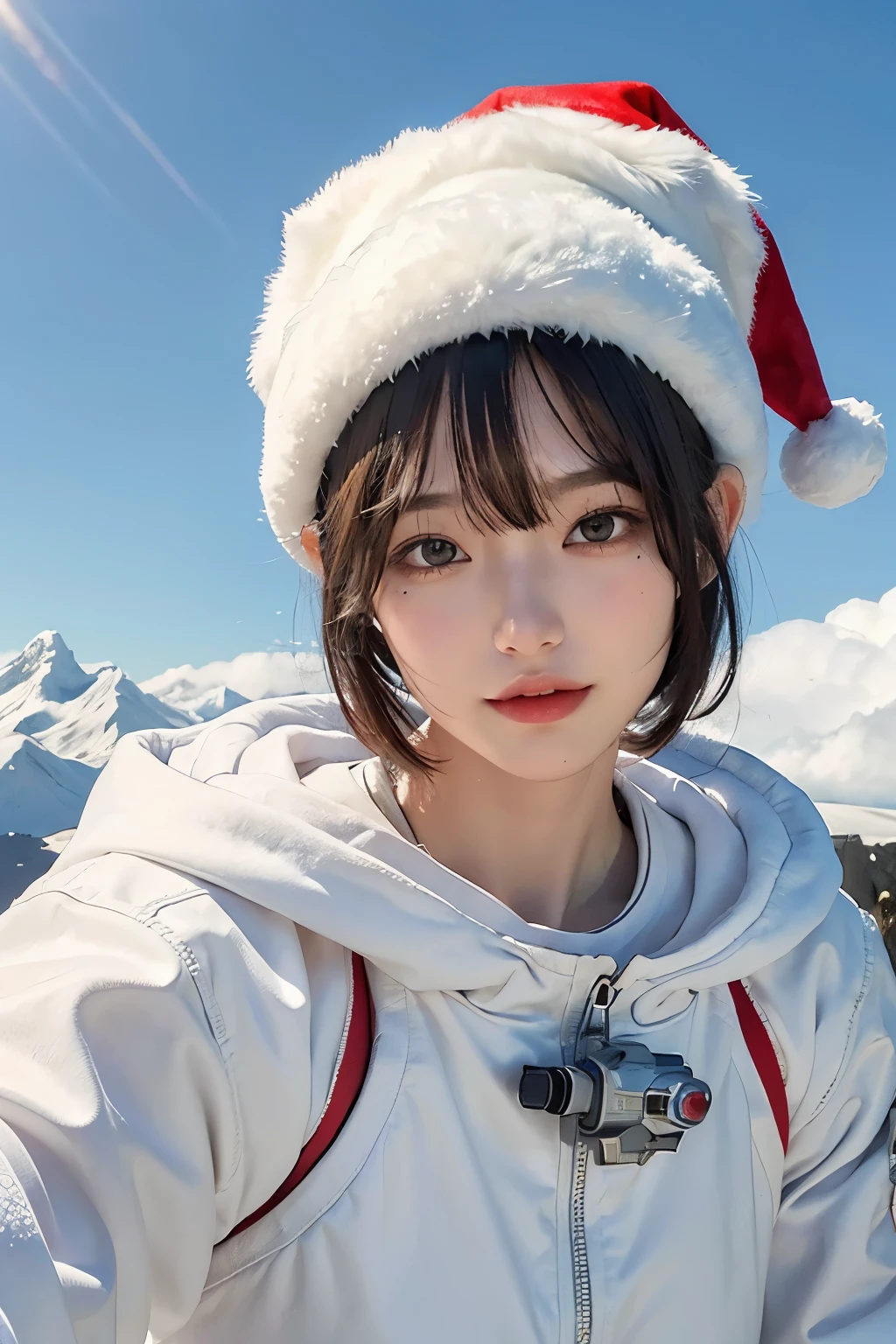 top-quality、masterpiece、超A high resolution、(realisitic:1.4)、Beautuful Women1、Beautiful detail eyes and skin、ssmile、Light brown short-cut hair、The perfect spacesuit、spaceships、santa hat、cloudy ash sky、Snow and rain、