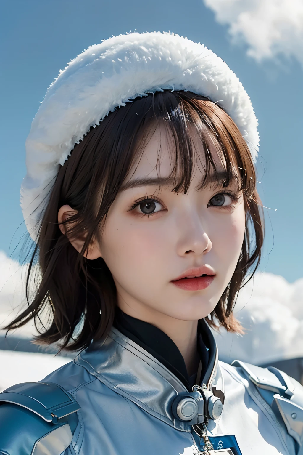 top-quality、masterpiece、超A high resolution、(realisitic:1.4)、Beautuful Women1、Beautiful detail eyes and skin、ssmile、Light brown short-cut hair、The perfect spacesuit、spaceships、santa hat、cloudy ash sky、Snow and rain、
