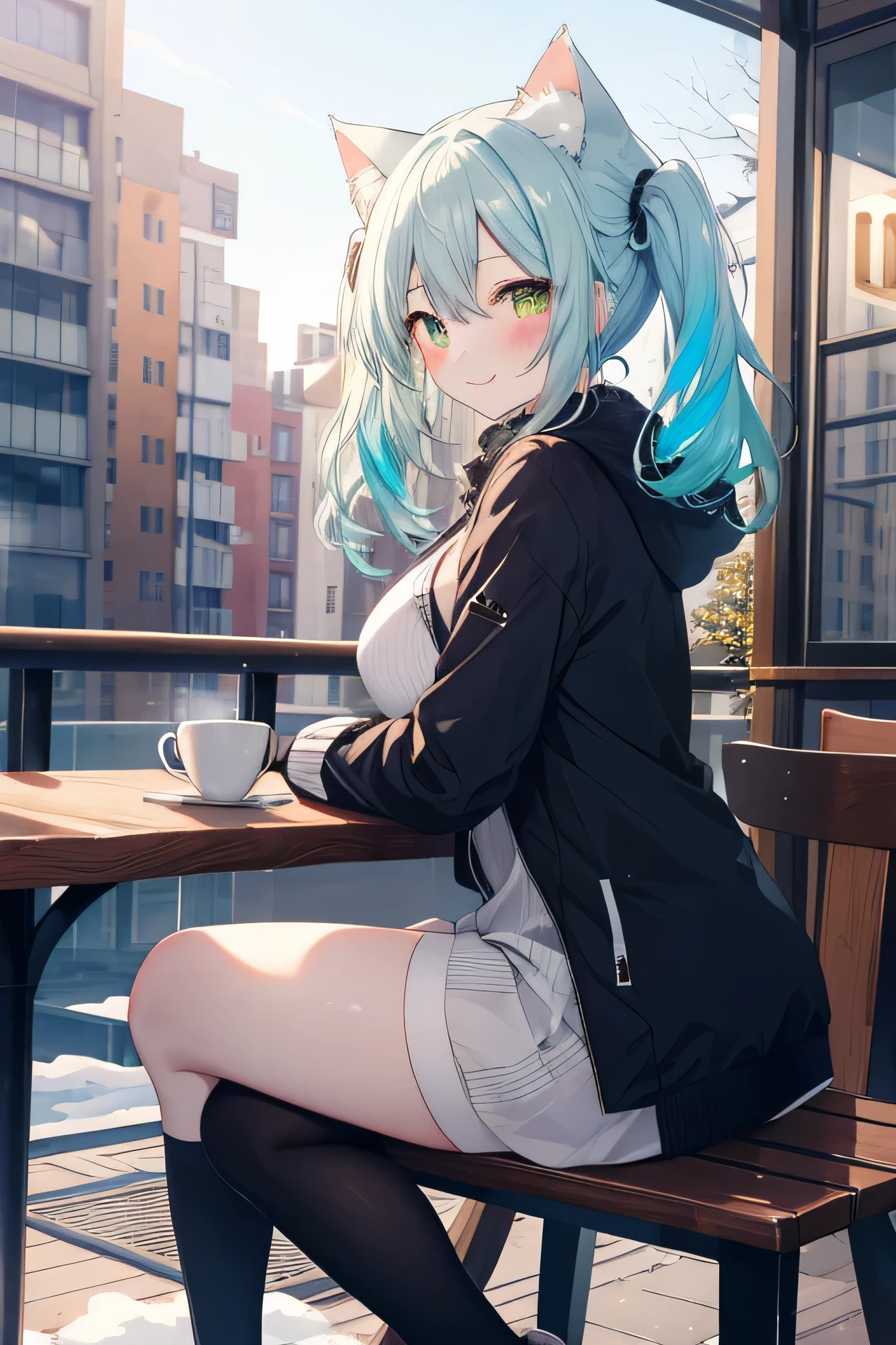 ((masutepiece)), ((Best Quality)), ((8K)), High resolution, 1girl in, Cat ears, pale skin, Green eye, multicolored hair, Twin-tailed, Large breasts, , yuki, city, Winters, morning, cafes, Sitting backwards, Smile, blush,