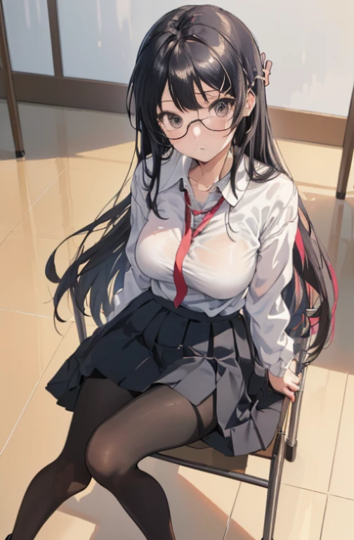(masutepiece,Best Quality, Detailed), 1girl in, Solo Focus, day, real face,sakurajima mai, garments(OL clothes,Black skirt,Black tights,pin heels,eye glass,)Sitting on a chair with legs crossed,In the building,At work