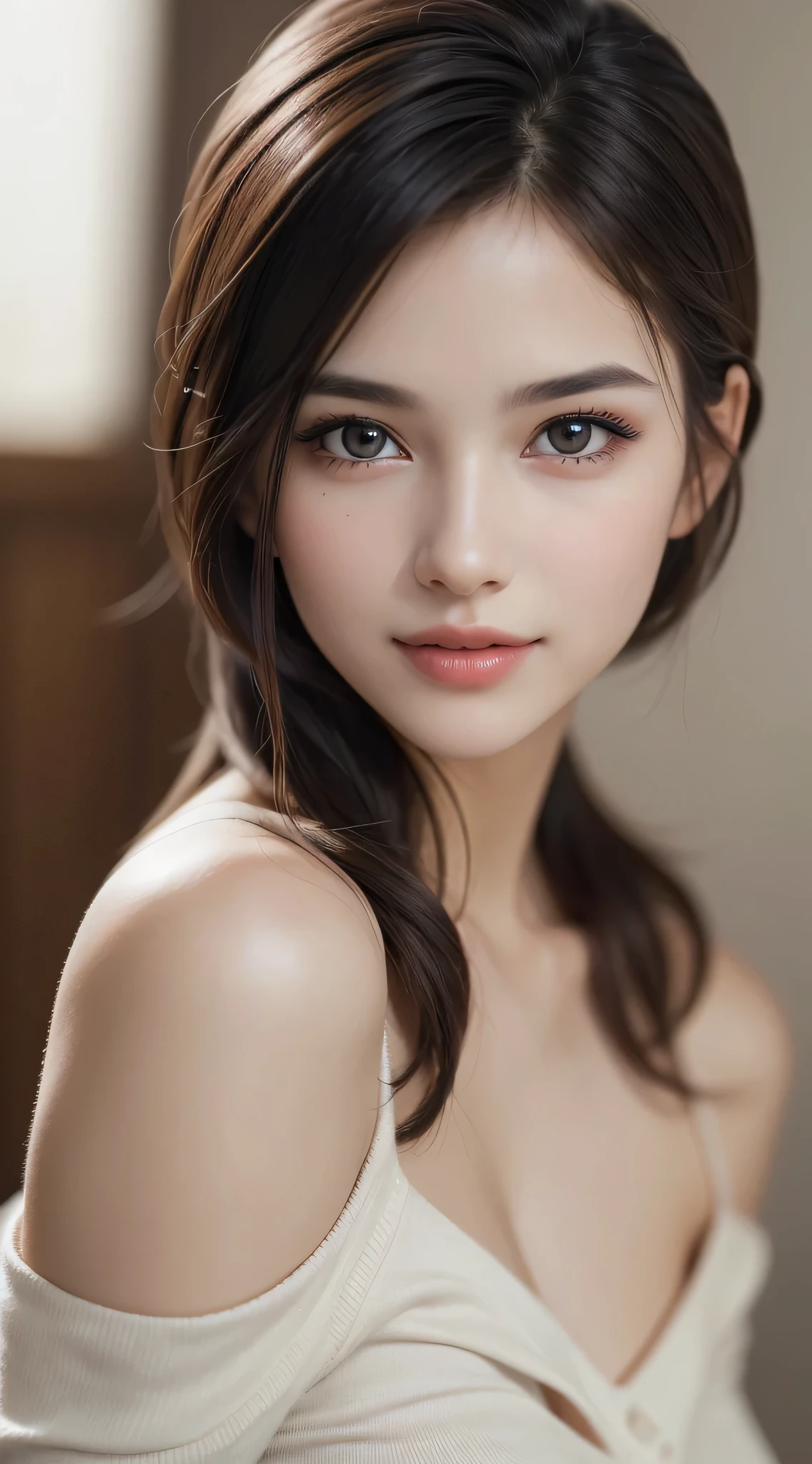 1girl in, Extremely cute, Amazing face and eyes, (extremely detailed beautiful face), (Ultra Realistic), (Highly detailed eyes, Highly detailed hair, Highly detailed face, Highly detailed plump lips), Naked, (off shoulders), breasts, Upper body, Search Smile, (Best Quality:1.4), Raw photo, (Realistic, photo-Realistic:1.37), Professional Photography, Cinematic Light,