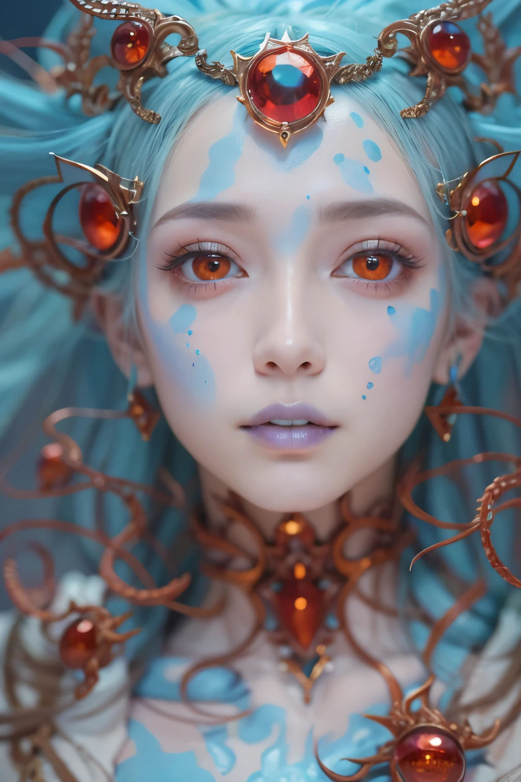 Female Alien, Beautiful face, seduces, red eyes, Full body like, A sexy, alien, No humans, an alien, cells are fused, Multiple hands, (Lots of blue tentacles) (blue skin:1.5), extraterrestrial, cell, bio image, 魅惑的, Best Quality, 8K,,4K_quality, high_Definition,Dramatic Lighting, masutepiece:1.5,cinematic quality, detail up, Intricate details:1.2, 超A high resolution, High Definition, drawing faithfully, (Thick eyebrows:1.2), (Big scarlet eyes:1.6), Beautiful eyes with fine symmetry, (Ultra detailed eyes:1.2),(Highly detailed face and eyes:1.2), (High-resolution red-eye:1.4), Intimate face, (Super detailed skin quality feeling:1.4), Perfect Anatomy, (Beautiful toned body:1.5), (Moist skin:1.2), No makeup, (dark circles:1.1), long canines