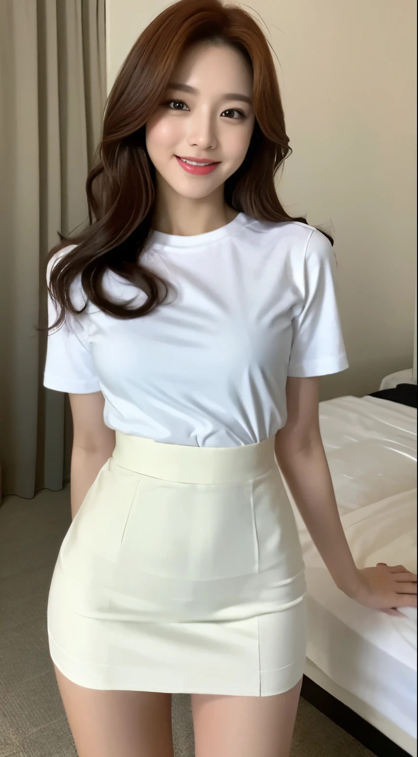 White tight shirt、White tight mini skirt、a bed、a smile、shortsleeves、high-level image quality、Hallyu Idol Face