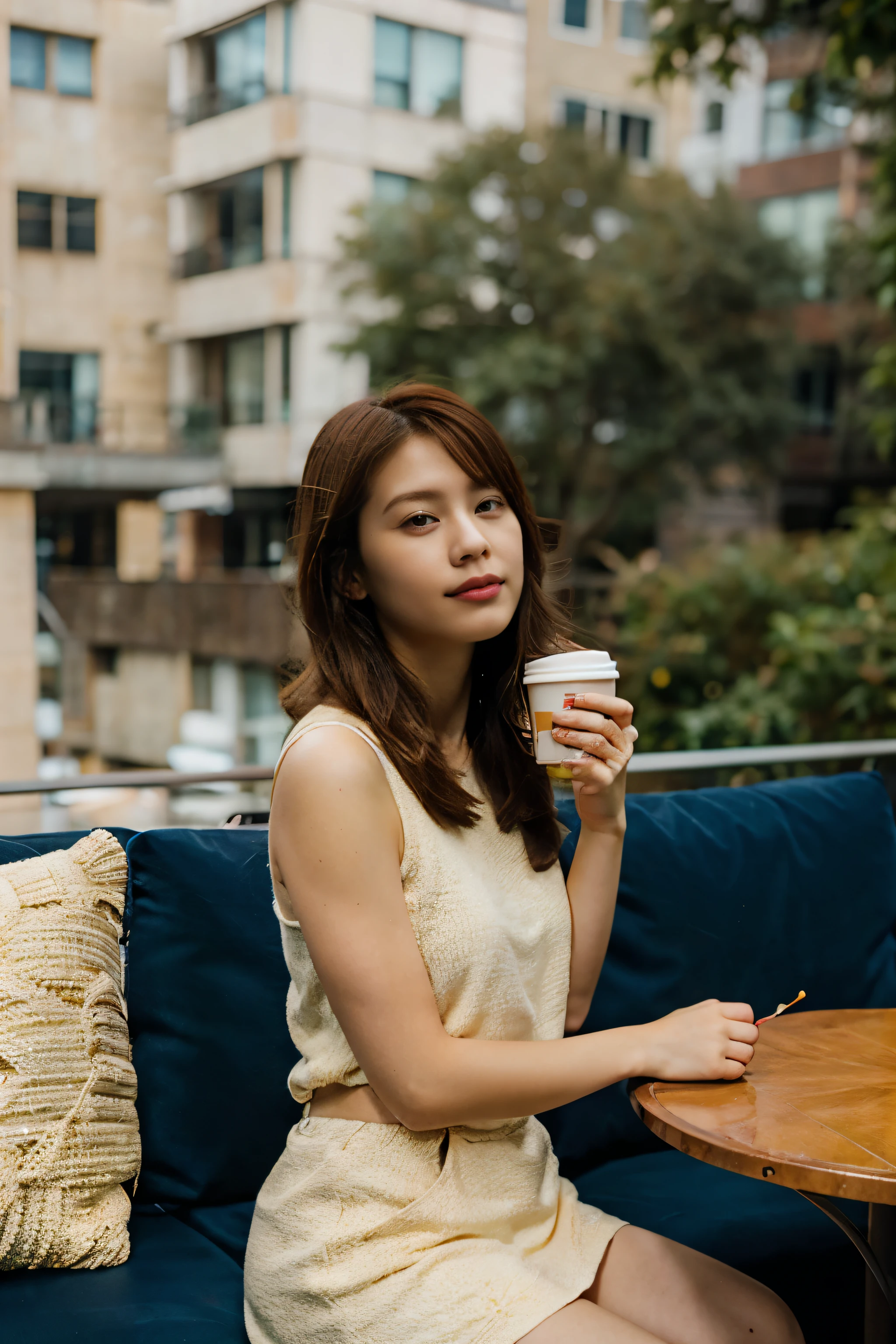 Casual half-body portrait of the brunette orange hair woman With a cup of coffee in hand, this woman immerses herself in the peaceful ambiance of the balcony's blue couch. Shot on kodak gold 400.