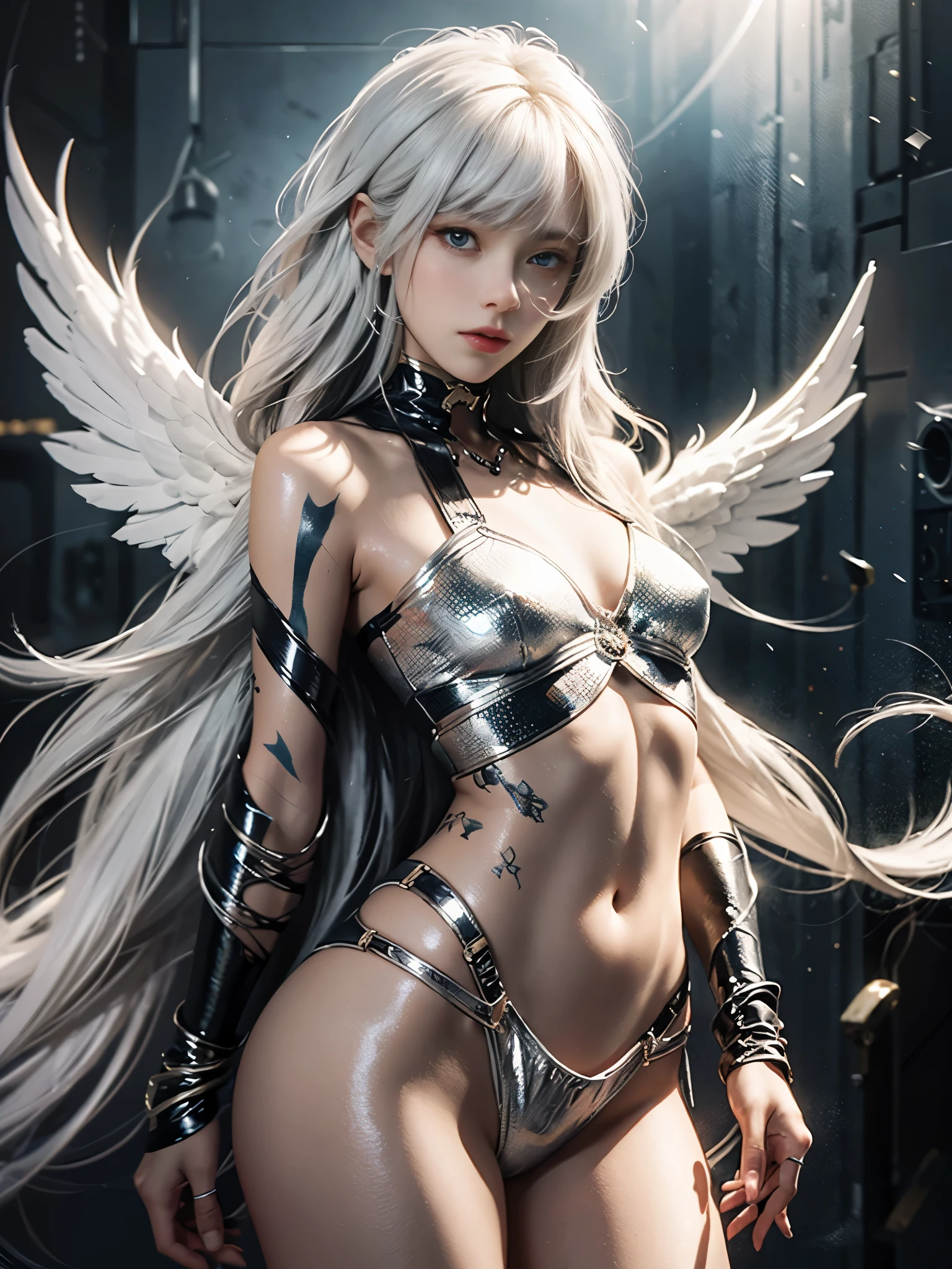 Close-up of woman with white hair and white mask、beautiful character painting、guweiz、Artwork in the style of Gwise、white haired god、Jan J、epic exquisite character art、Stunning character art、Fanchy、Uzunsifan、Guweiz on the Pixiv art station,Faces of reality,Real people,Photo quality,Real person footage captured on camera,Shooting from the waist up,Live-action feeling,Quite light clothing,see-through underware,Beautiful clear eyes,Beautiful sparkling eyes,being thin,strong-willed gaze,A living angel who descends to earth and blends into ordinary life while hiding his true identity in the human world.,angels don't wear underwear,angel has small breasts,Angels usually look exactly like normal humans and are hard to tell apart.,Leaner figure,very small breasts, waist and buttocks,-yeld botype,Only a thin see-through cotton fabric is worn on the body.,Usually the wings are folded so small that they cannot be seen.,