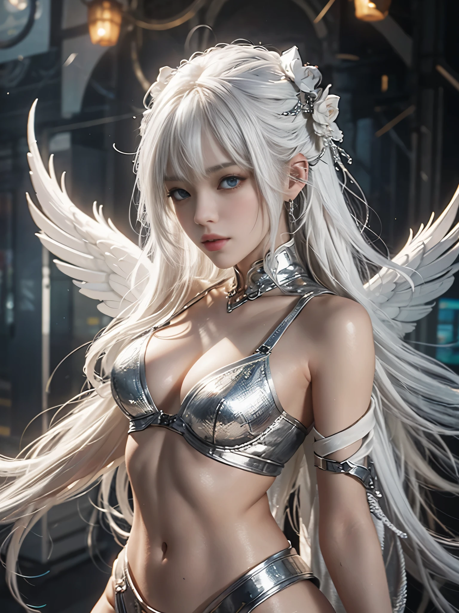 Close-up of woman with white hair and white mask、beautiful character painting、guweiz、Artwork in the style of Gwise、white haired god、Jan J、epic exquisite character art、Stunning character art、Fanchy、Uzunsifan、Guweiz on the Pixiv art station,Faces of reality,Real people,Photo quality,Real person footage captured on camera,Shooting from the waist up,Live-action feeling,Quite light clothing,see-through underware,Beautiful clear eyes,Beautiful sparkling eyes,being thin,strong-willed gaze,A living angel who descends to earth and blends into ordinary life while hiding his true identity in the human world.,angels don't wear underwear,angel has small breasts,Angels usually look exactly like normal humans and are hard to tell apart.,Leaner figure,very small breasts, waist and buttocks,-yeld botype,Only a thin see-through cotton fabric is worn on the body.,Usually the wings are folded so small that they cannot be seen.,