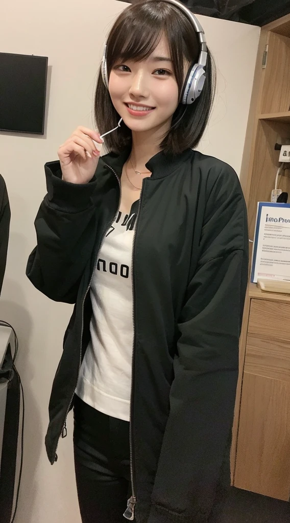 (Best quality, 8k, 32k, Masterpiece, UHD:1.3),Photo of glamorous Japanese woman, 1girl, (abs, slender figure, perfect body :1.2), medium-short hair: 1.1, foodie, ultra-detailed face, detailed lips, detailed eyes, double eyelid,beautiful, Grin, Bob with bangs, Black hair, Room, foodie, (Voice actor),( headphone), (front of a microphone), Audition, portrait of a woman, 19 years old, Japanese, Style: hyper-realistic photograph, (with a book in hand), (audition for an voice actor), Holding a book in hand、Holding a book in your hand、read a book、Whole body、Music Studio、recording, {{eye focus,Character focus}}, microphone