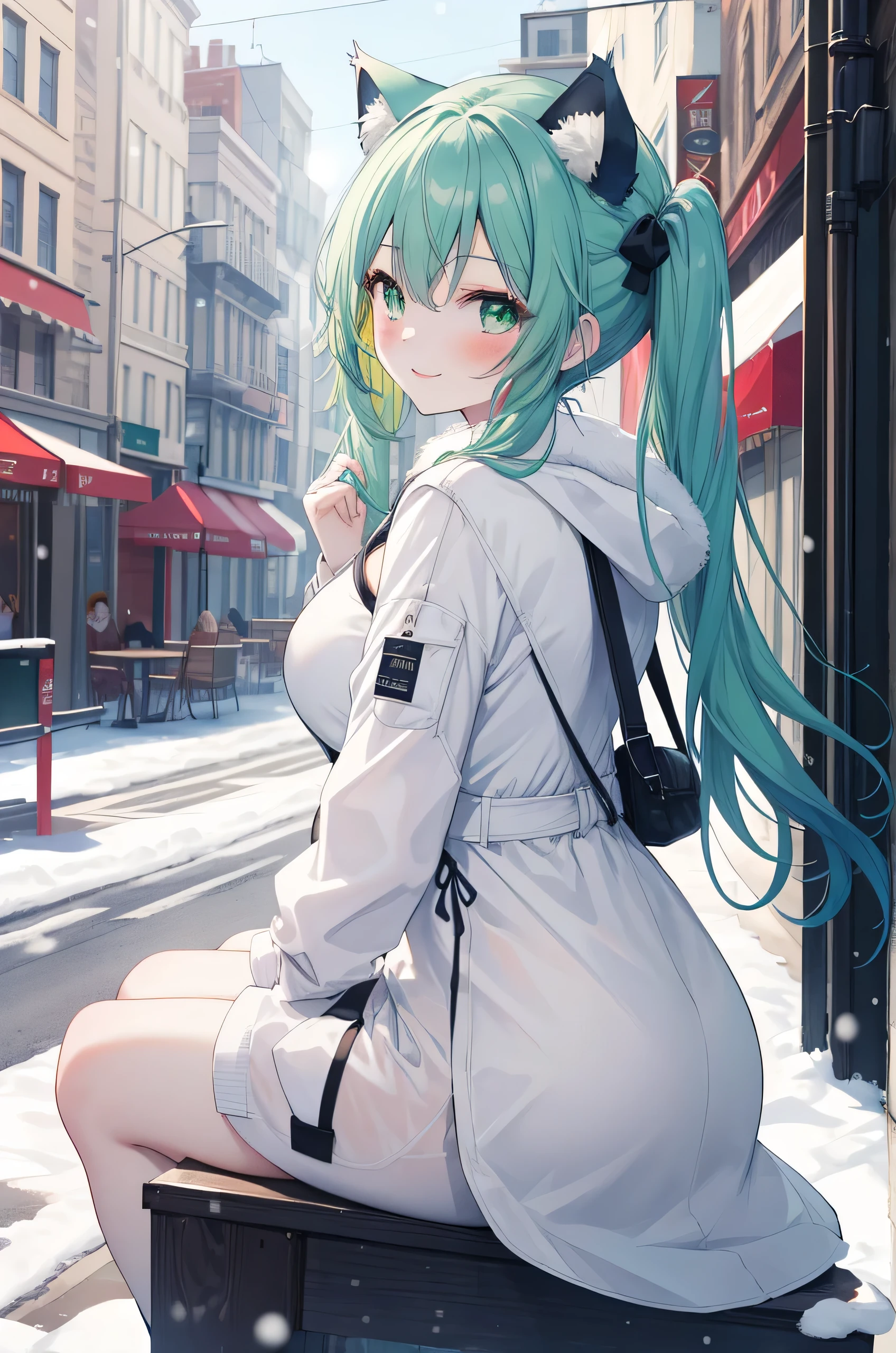 ((masutepiece)), ((Best Quality)), ((8K)), High resolution, 1girl in, Cat ears, pale skin, Green eye, multicolored hair, Twin-tailed, Large breasts, , yuki, city, Winters, morning, cafes, Sitting backwards, Smile, blush,