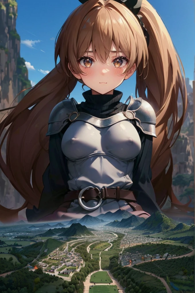 (erect nipples:1.2), (beautiful mature woman: 1.2), very detailed, beautiful, professionally drawn, bright sky, shiny detailed breasts, (perfect beautiful skin), (tiny villages of people on a cliff in front of a giantess breasts: 1.2), (a tiny village on a tiny hill in front of the breasts of a giantess: 1.2), a giantess looming over a tiny village on a tiny hill, (tiny adventurers: 1.1), (tiny villages on a tiny cliff in front of a girl: 1.1), (tiny villages on a cliff: 1.1), giantess girls in the background, simple background, (dark deep forest:1.1), giantess girls in the background, multiple girls, (giantess:1.1), petite breasts, (foreshortening:1.2), (giantess:1.2), smug laughing, sitting, hills, cliffs, mountains, (sweaty:1.2), slight smile, medieval dress armor