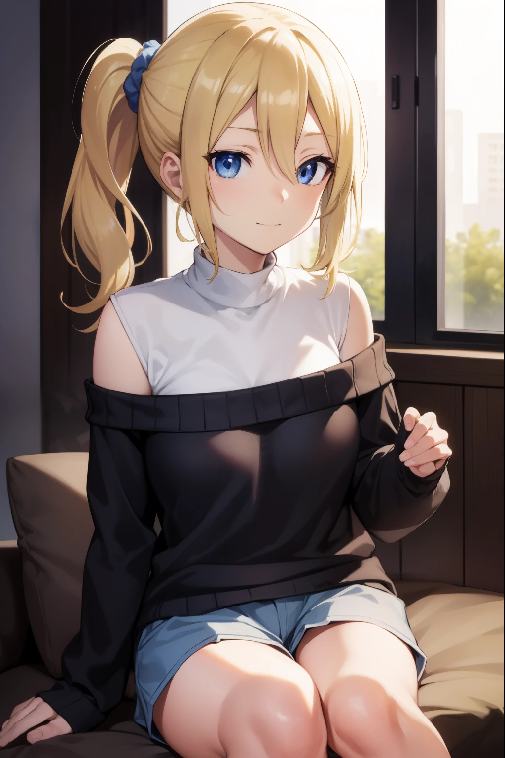 Aihayasaka, Ai Hayasaka, Blonde hair, Blue eyes, blue Scrunchie, hair between eye, hair Scrunchie, Long hair, Scrunchie, Side Ponytail, side locks,
(Sweaters:1.3), (hotpants), (off shoulders), 
BREAK looking at viewer, 
BREAK indoors, mansion background,
BREAK (masutepiece:1.2), Best Quality, High resolution, Unity 8k壁纸, (Illustration:0.8), (Beautiful detailed eyes:1.6), extra detailed face, Perfect Lighting, extremely details CG, (Perfect hands, Perfect Anatomy), portrait, The best smile