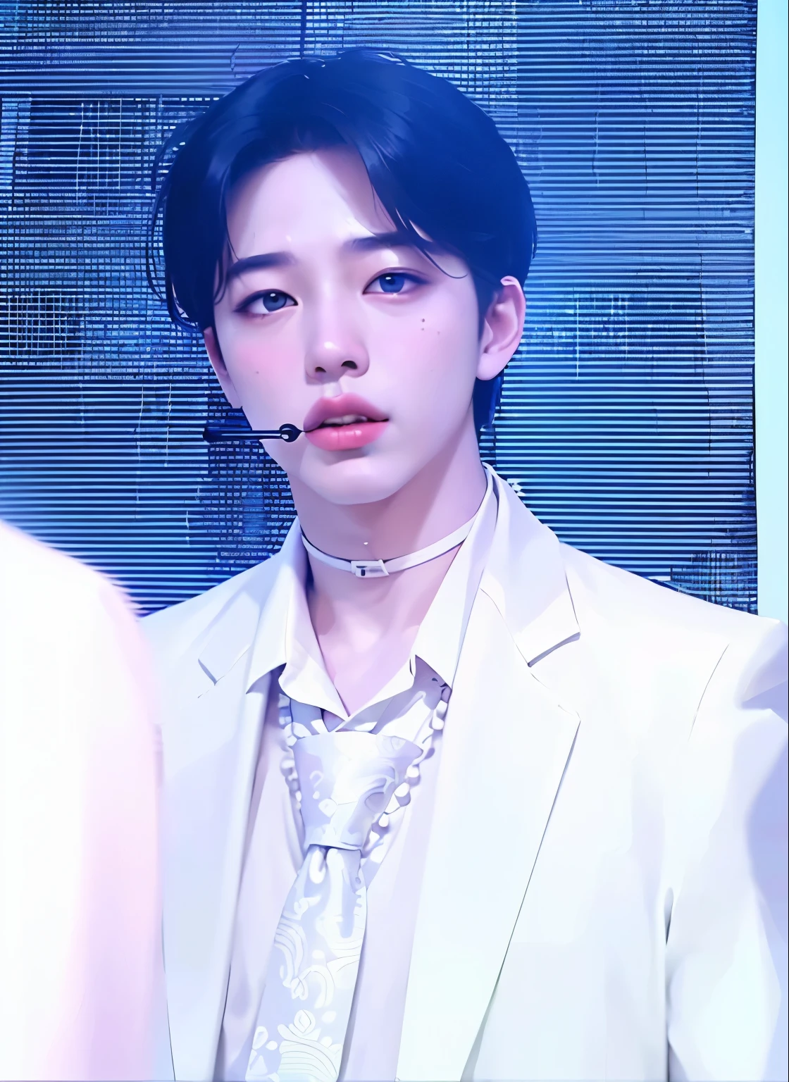(best quality,ultra-detailed, highres,masterpie ce:1.2),portrait,asian man with white shirt and tie, Jimin,plump lips, Kim Doyoung, Park Jimin-inspired aesthetic, swollen right eyelid of Jimin, Greek nose of Jimin, inspired by Bian Shoumin, elongated neck, vivid colors,soft lighting