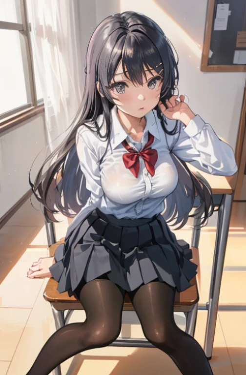 (masutepiece,Best Quality, Detailed), 1girl in, Solo Focus, day, real  face，sakurajima mai, garments(Y shirt，Black skirt，Black tights，lowfers，eye glass，)Sitting on a chair，studying at desk