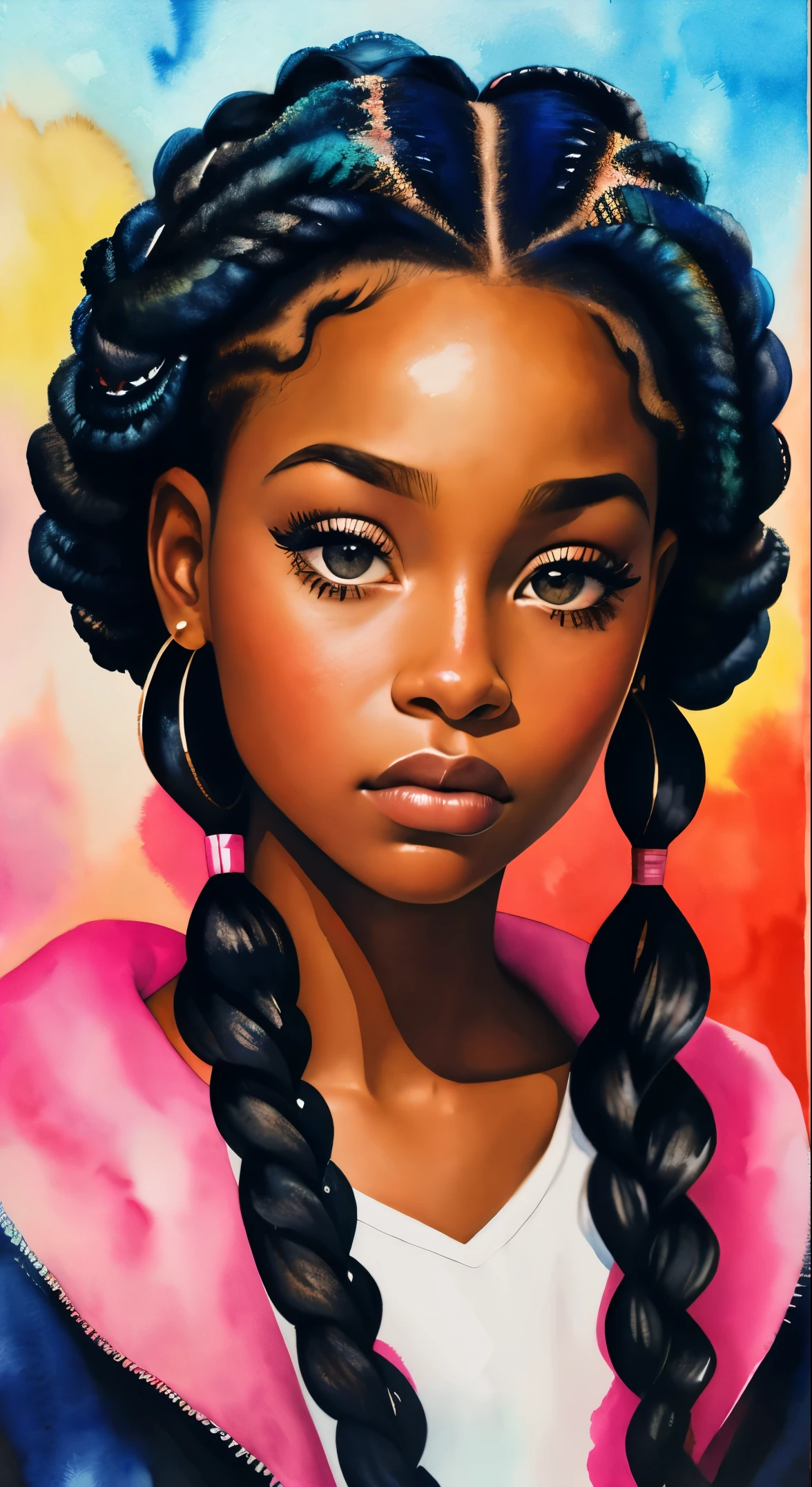 painting of a woman with a curly hair in her hair, inspired by Chinwe Chukwuogo-Roy, pretty black girl, african american girl, black teenage girl, watercolor portrait, trending on artstration, frowning, apathetic, shiny curly braids, highly detailed, 8k, uhd