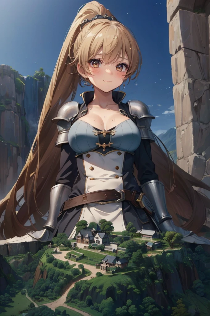 (erect nipples:1.2), (beautiful mature woman: 1.2), very detailed, beautiful, professionally drawn, bright sky, shiny detailed breasts, (perfect beautiful skin), (tiny villages of people on a cliff in front of a giantess breasts: 1.2), (a tiny village on a tiny hill in front of the breasts of a giantess: 1.2), a giantess looming over a tiny village on a tiny hill, (tiny adventurers: 1.1), (tiny villages on a tiny cliff in front of a girl: 1.1), (tiny villages on a cliff: 1.1), giantess girls in the background, simple background, (dark deep forest:1.1), giantess girls in the background, multiple girls, (giantess:1.1), petite breasts, (foreshortening:1.2), (giantess:1.2), smug laughing, sitting, hills, cliffs, mountains, (sweaty:1.2), slight smile, medieval dress armor