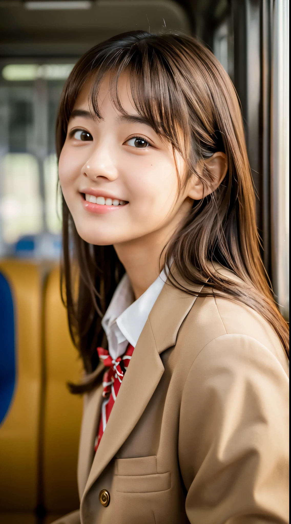 (masterpiece, best quality:1.4), (8k, raw photo, photo realistic:1.2), (shiny skin), detailed skin, detailed face, detailed eyes,
8k portrait, smiling Japanese woman, 16 years old, Brown eyes , baby face,, small bust, , (), Brown schoolgirl uniform blazers pleated skirts, Brown Long straight hair, Inside the train, (resting one's chin in one's hands), Loving gaze towards a lover, full body, Sun light