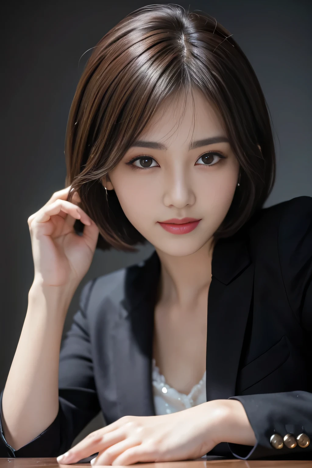 On a table,Best quality at best, realistically, ultra - detailed, Detailed pubic hair, A high resolution, solid color backdrop,8k wallpaper, 1 Beautiful woman,,Short hair details, Wear a dark suit, lock focus, Perfect dynamic composition, beautidful eyes, Delicate hair, 细致realistically的皮肤纹理, Smiling, closeup portrait, Model body type