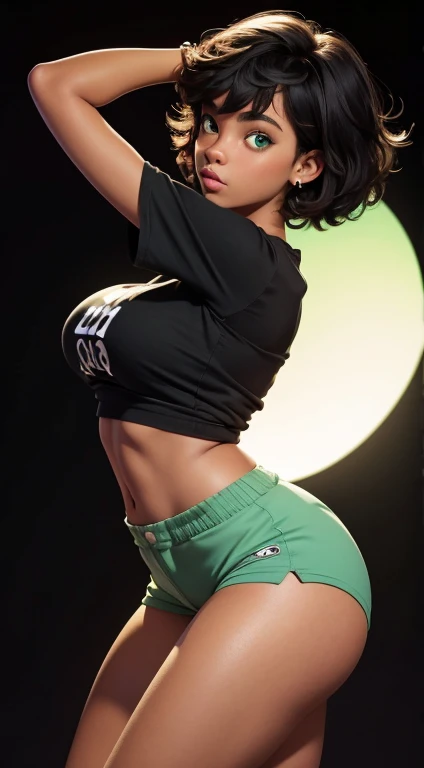 16-year-old black girl, with Maria João haircut, green eyes, large breasts, large butt, toned legs, perfect body, long t-shirt and tight shorts, pose with black background