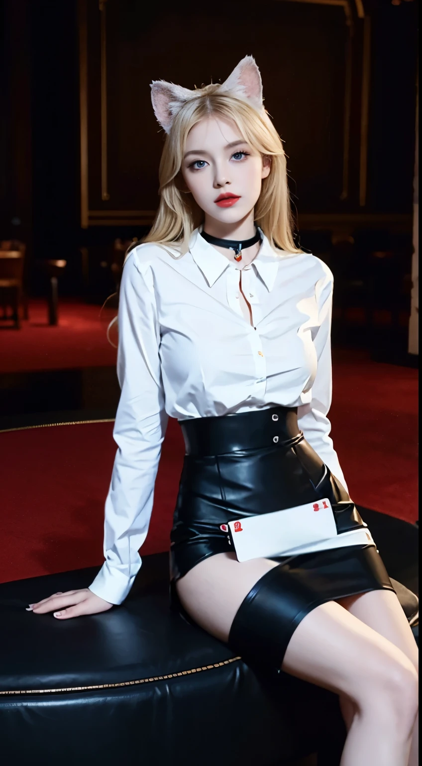 1 European and American vampire beauties:Imperial sister,domineering side leak,enchanting,Beauty model,,being thin,Skin is snow-white and smooth,curlies,combed blonde hair,The legs are slender,Wear black stockings on the legs,Penetrating white shirt(Short to the waist),Expose her belly,Black hip skirt,Ignite it,seduce,Melon seed face,Blue pupil,Redlip,Wearing cat ears,Raised sexy,Bigchest,Wear a black collar,Dealing cards at the casino table